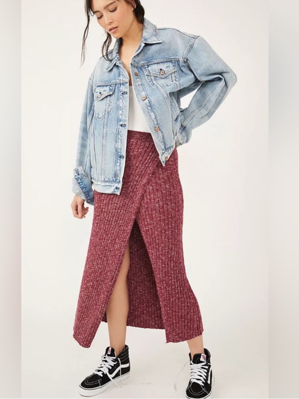 Free People Better Days Burgundy Wine Ribbed Midi Skirt with Wrap Slit